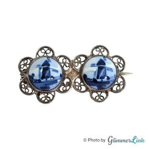 VTG Double Blue Windmill Delft Porcelain Filigree Flower Sterling Silver Brooch